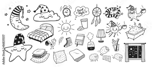 Bedtime sleep vector line art hand drawn illustrations set