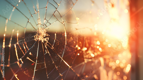 A broken window is shown with the sun setting behind it. Shattered Windshield at Sunset Symbolizing Hope Amidst Adversity.broken window, shattered glass, sunset view, symbolic image, adversity concep
 photo