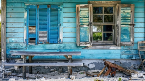 coastal fishermana??s hut with Bahama shutters in weathered blue, reflecting the rugged seaside life photo