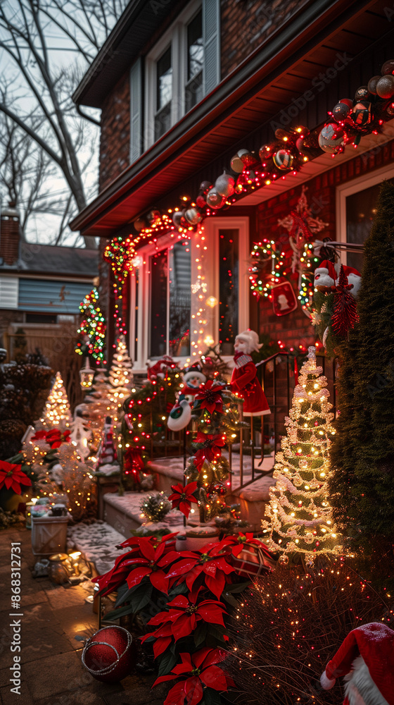 Fototapeta premium Traditional front garden Christmas lighting decor fairy lights wreath trees festive winter holiday home entrance outdoor decorations welcoming magical scene evening glow red seasonal night ambiance 