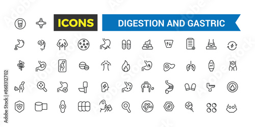 Digestion and Gastric icons collection. Outline icons pack. Editable vector line icon set and illustration for web and UI application.
