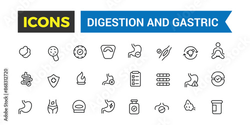 Digestion and Gastric icons collection. Outline icons pack. Editable vector line icon set and illustration for web and UI application.