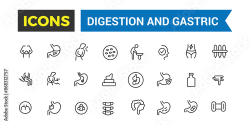 Digestion and Gastric icons collection. Outline icons pack. Editable vector line icon set and illustration for web and UI application.
