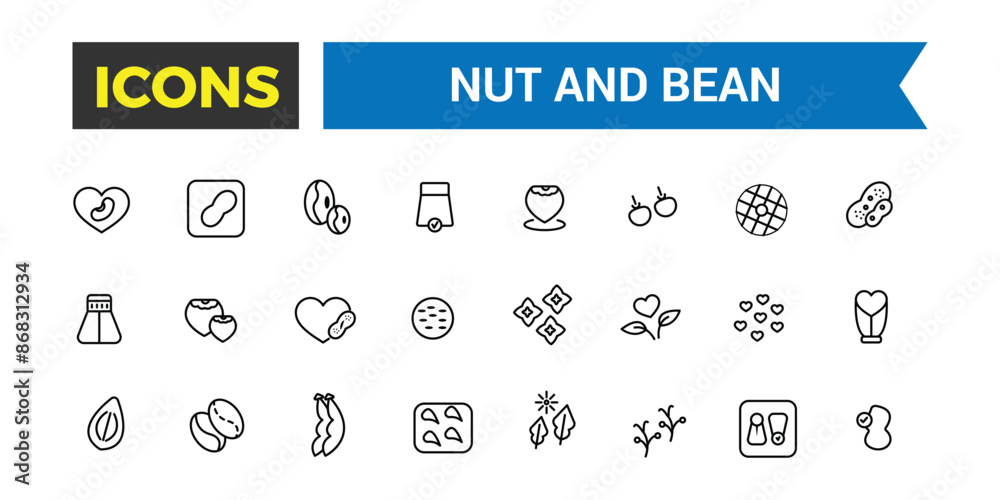 Nut and Bean icon set. Outline icons pack. Editable vector line icon set and illustration for web and UI application. Nut and Bean icon set. Outline icons pack. Editable vector line icon set and illustration for web and UI application.