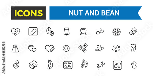 Nut and Bean icon set. Outline icons pack. Editable vector line icon set and illustration for web and UI application.