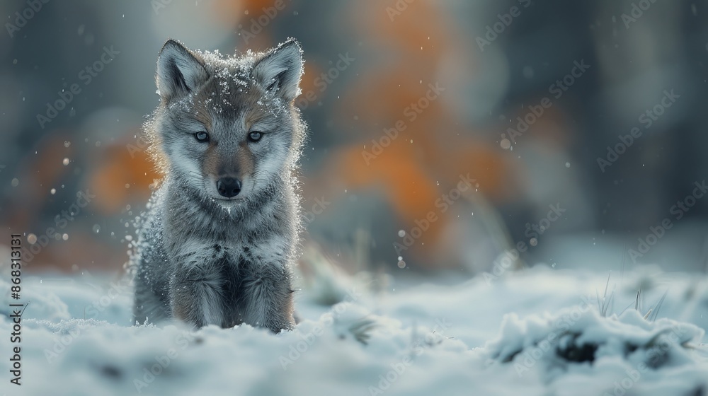 Fototapeta premium A Gray Wolf Sitting in the Snow with Its Eyes Open and Looking at the Camera - Generative AI
