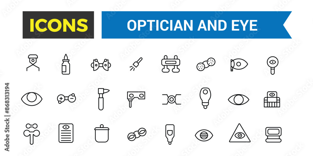 Optician and Eye icons set. Outline icons pack. Editable vector line icon set and illustration for web and UI application.