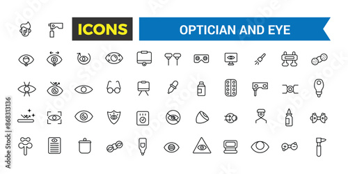 Optician and Eye icons set. Outline icons pack. Editable vector line icon set and illustration for web and UI application.
