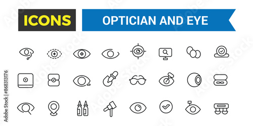 Optician and Eye icons set. Outline icons pack. Editable vector line icon set and illustration for web and UI application.