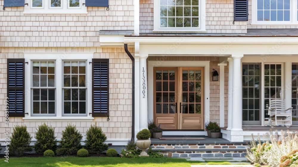 Fototapeta premium coastal New England home with weather-resistant Bahama shutters, blending with the traditional shingle style architecture