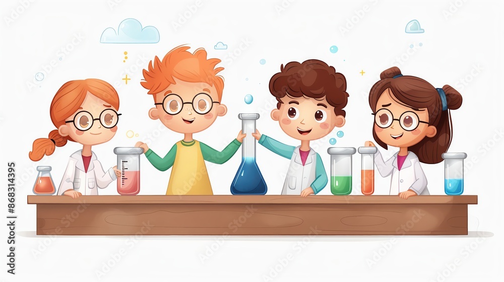 Group of children in lab coats and goggles conducting fun science experiments with colorful liquids in beakers and test tubes., back to school Group of children in lab coats and goggles conducting fun science experiments with colorful liquids in beakers and test tubes., back to school