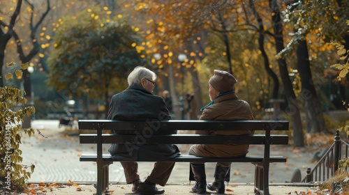 Wallpaper Mural Realistic image of two senior individuals conversing on a park bench from a distance Torontodigital.ca