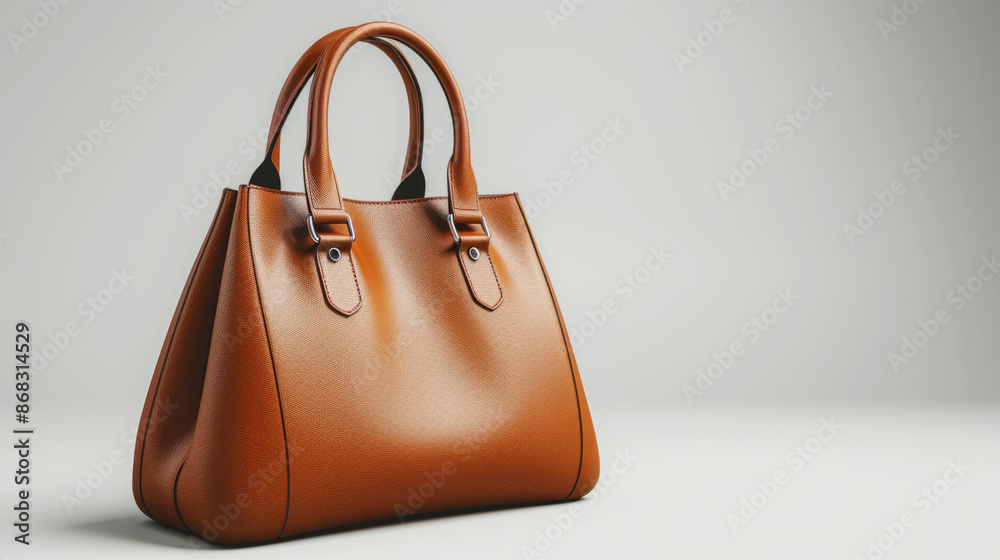 Elegant brown leather handbag on a grey background. Women's fashion accessories. Luxury bags in a modern style.