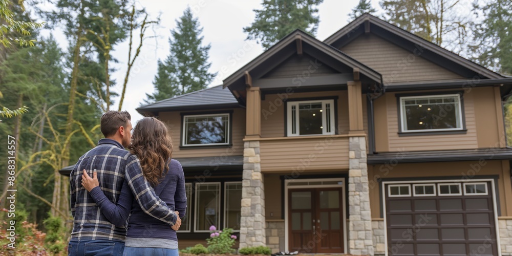A loving couple hugging in the yard of their new suburban residential property with modern architecture. A loving couple hugging in the yard of their new suburban residential property with modern architecture.