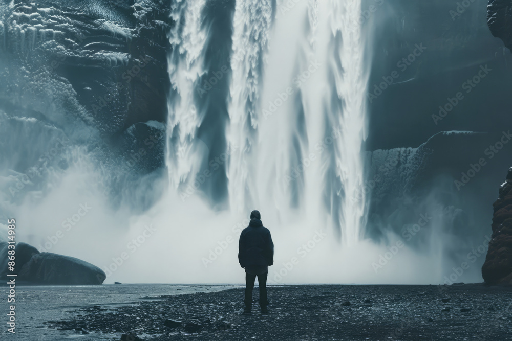 Obraz premium Person in YelloBack view of person in raincoat stands before misty waterfall, surrounded by rocky cliffsw Raincoat Stands Near Majestic Waterfall
