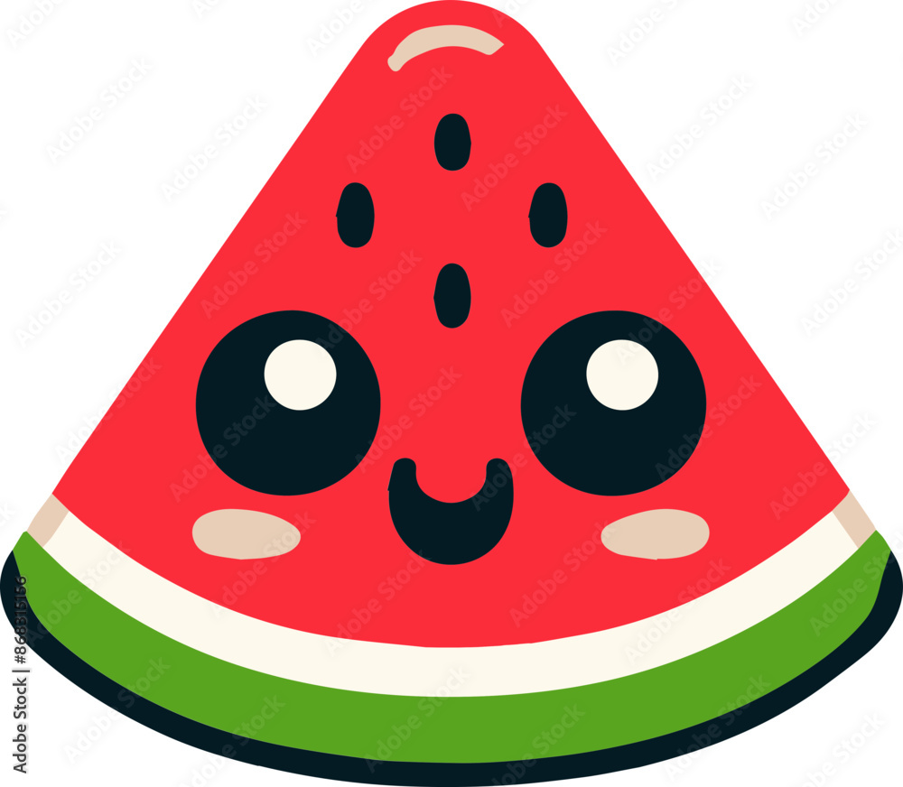 Cute cartoon watermelon slice with a kawaii face, perfect for summer designs, children's illustrations, and fun graphics. Cute cartoon watermelon slice with a kawaii face, perfect for summer designs, children's illustrations, and fun graphics.