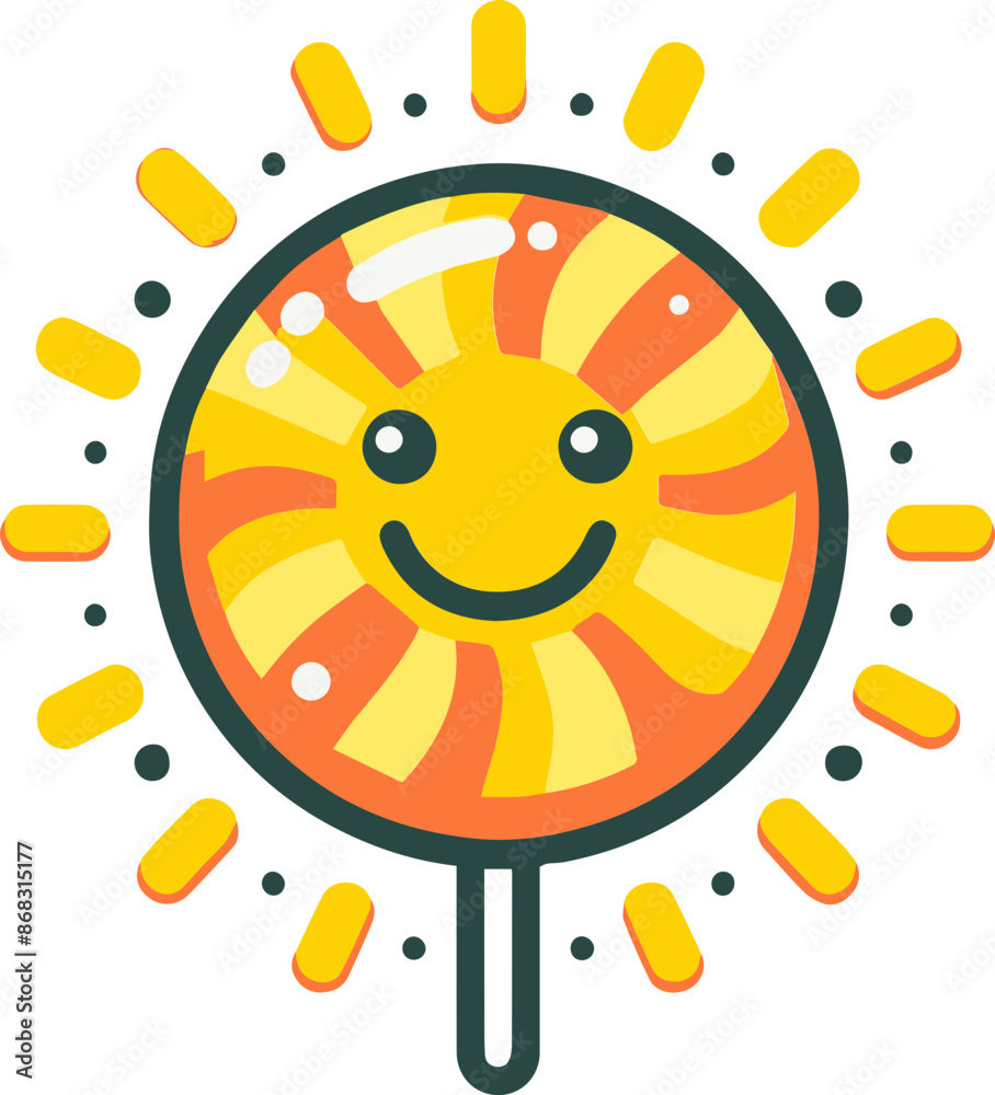 Happy sun lollipop illustration with a smiling face and rays in yellow and orange. Bright and cheerful, perfect for summer and fun designs.