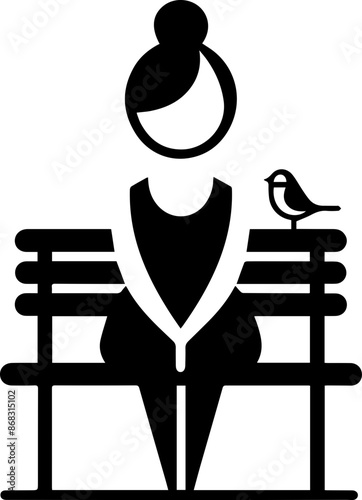 Minimalist black and white illustration of a woman sitting on a bench with a bird perched beside her.