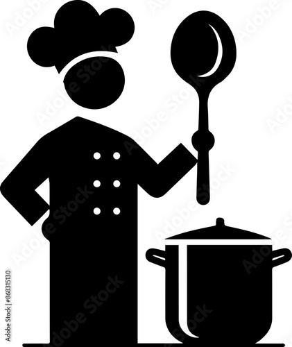 Silhouette of a chef holding a large spoon standing beside a cooking pot, representing culinary arts and cooking.