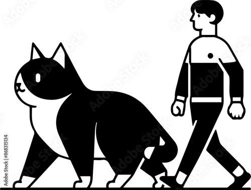 Illustration of a person walking beside a giant cat in black and white artwork, showcasing a unique interplay between human and animal.