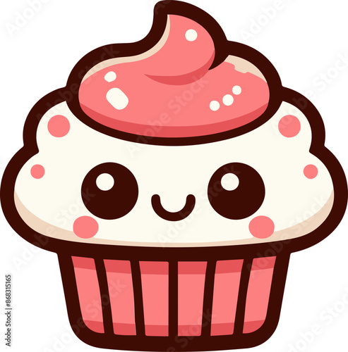 Cute cartoon cupcake with a happy face and pink frosting. Perfect for bakery, dessert, or kawaii-themed designs.