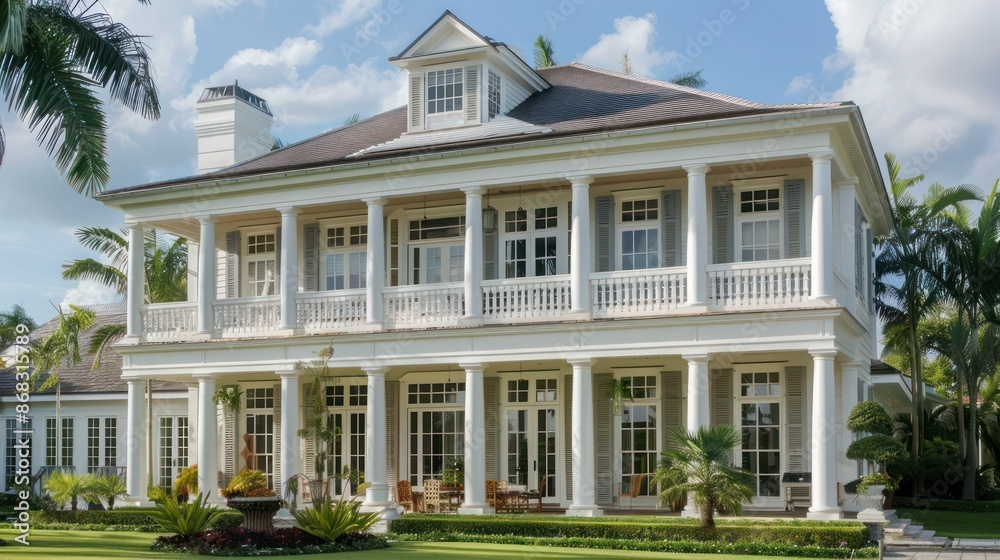 Fototapeta premium colonial mansion with Bahama shutters in classic white, maintaining the home's historic integrity while offering modern sun protection