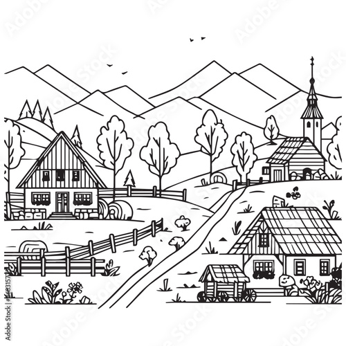 Simple black outline rural village coloring page for children