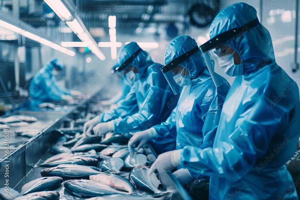Workers in Blue Protective Gear Processing Fish in Factory Workers in Blue Protective Gear Processing Fish in Factory