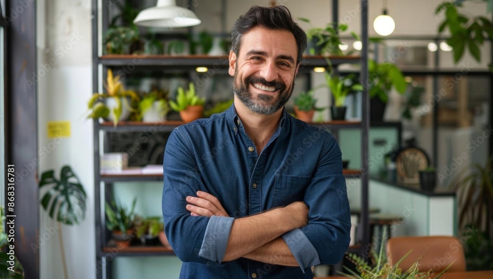 Smiling man in modern office with green plants Smiling man in modern office with green plants