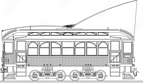 Vector silhouette illustration sketch ethnic vintage classic old electric train car tram design detail drawing