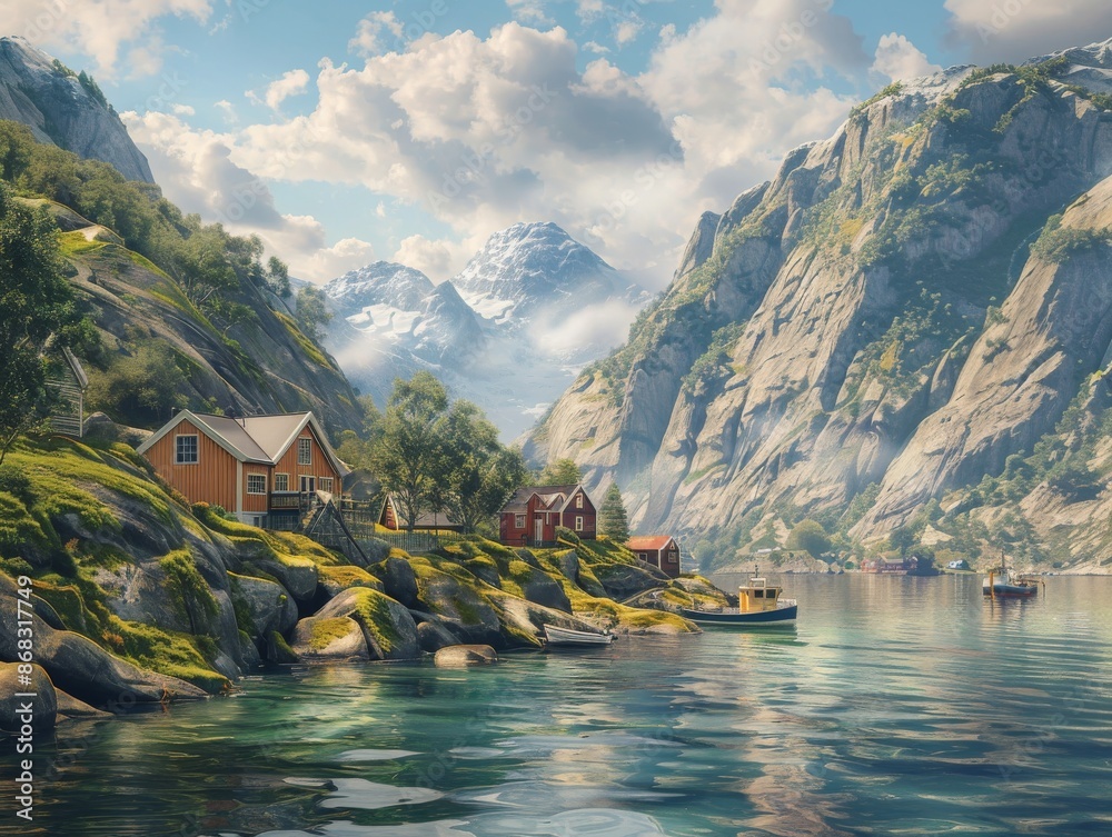 Fototapeta premium Tranquil Coastal Landscape in NorwayRugged Cliffs and Serene Waters