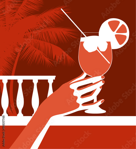 A woman's hand holds a glass of white wine or cocktail at a party. Minimalistic and flat color drawing.  Vector illustration	
