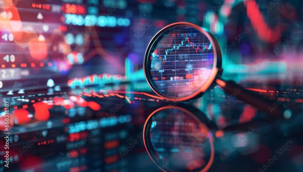 Magnifying Glass over Stock Market Chart with Neon Colors Magnifying Glass over Stock Market Chart with Neon Colors