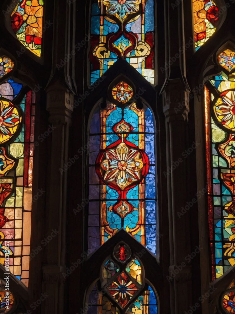 Sunlight shines through ornate stained glass, creating a kaleidoscope of colors in a peaceful church. Sunlight shines through ornate stained glass, creating a kaleidoscope of colors in a peaceful church.