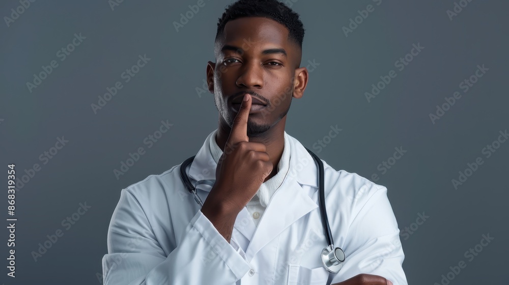 Man in a white lab coat with a stethoscope around his neck, suggesting he is a doctor. He is standing in front of a grey background and is in a thoughtful pose with his index finger on his lips Man in a white lab coat with a stethoscope around his neck, suggesting he is a doctor. He is standing in front of a grey background and is in a thoughtful pose with his index finger on his lips