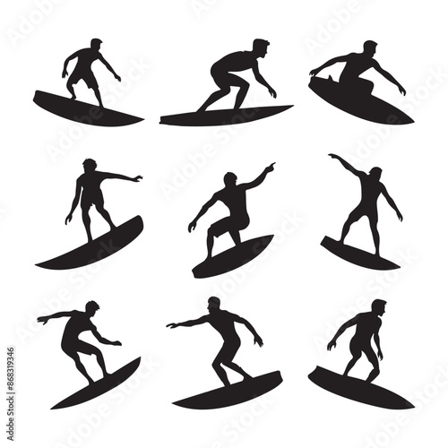 A set of silhouettes of a surfer surfing on his surfboard isolated on white background
