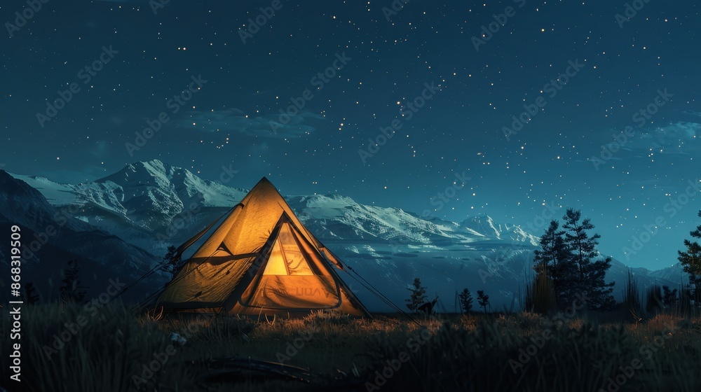 Camping scene at night with a tent illuminated from the inside, set against a backdrop of snow-capped mountains under a starry sky Camping scene at night with a tent illuminated from the inside, set against a backdrop of snow-capped mountains under a starry sky