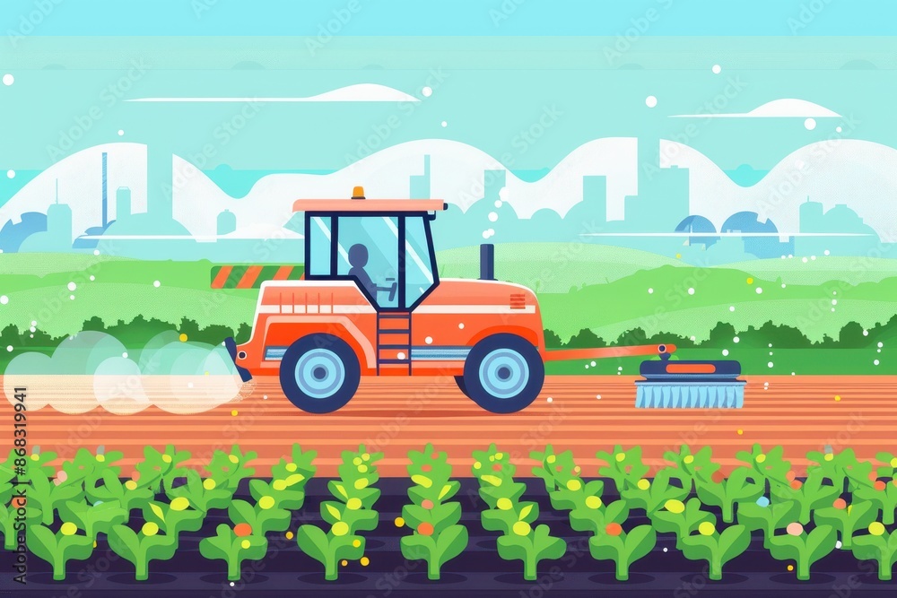 A farmer stands beside a tractor in a field with rows of industrial Park. Modern agriculture depicted in a vibrant illustration. A farmer stands beside a tractor in a field with rows of industrial Park. Modern agriculture depicted in a vibrant illustration.