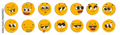 Groovy faces with different emotions. Retro Cartoon Emoji Set. World Emoji Day. Cute 60s-70s hippie characters style in various emotions and poses. Vector illustration isolated on white