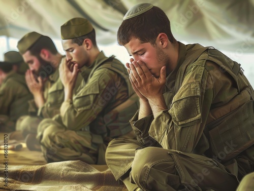 Israeli Soldiers Praying Together in Solemn Moment at Military Base photo