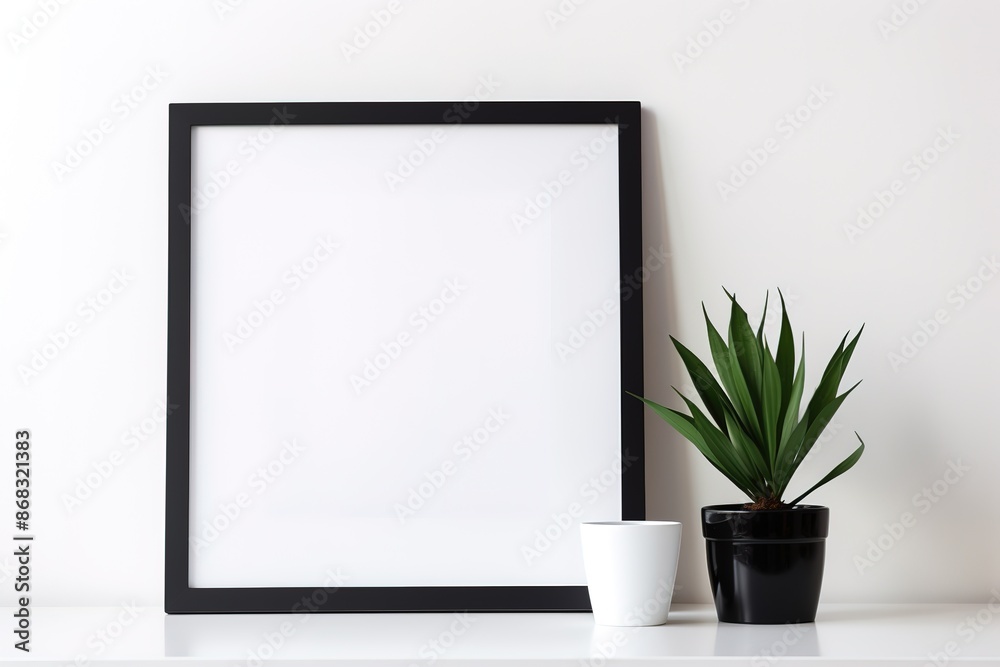 Black frame mockup with a bouquet of a pink roses on the wooden table. Black frame mockup with a bouquet of a pink roses on the wooden table.