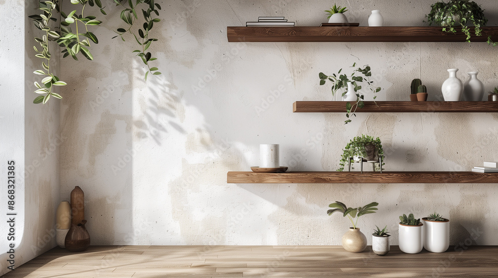 Minimalist wall design with floating shelves holding a refined and curated assortment of decor items. Minimalist wall design with floating shelves holding a refined and curated assortment of decor items.