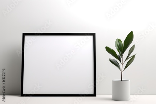Black frame mockup with a bouquet of a pink roses on the wooden table.