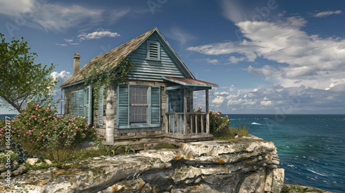 cottage on the cliffs with storm-proof Bahama shutters, designed to withstand the harsh sea winds while providing a quaint aesthetic © Ramzan