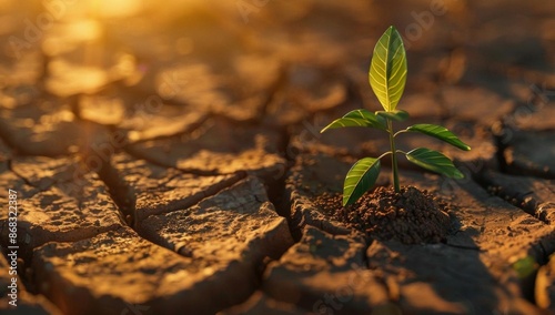 New Plant Growing in Cracked Earth Under Golden Sunlight