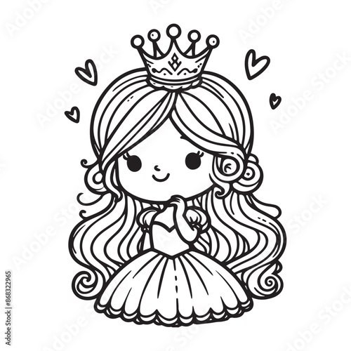 simple black outline cartoon princess coloring page for children.