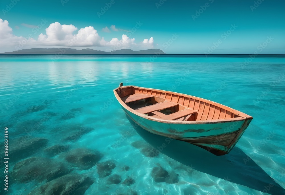 Naklejka premium A small wooden boat floating on a vibrant turquoise ocean, with the boat's reflection visible in the water