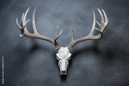 the imposing 15 point antlers of a huge stag, mounted on a wooden plate