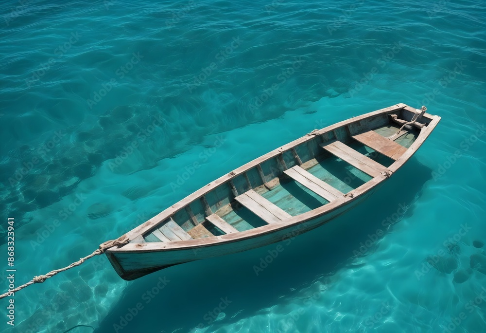 Fototapeta premium A small wooden boat floating on a vibrant turquoise ocean, with the boat's reflection visible in the water