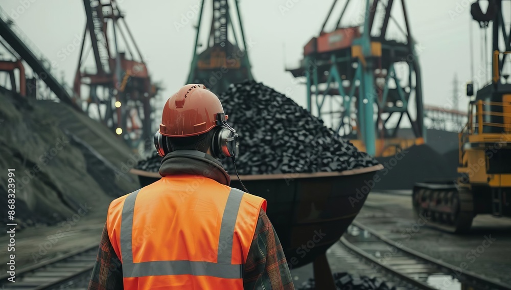 Worker in Industrial Site with Heavy Machinery and Coal Pile Worker in Industrial Site with Heavy Machinery and Coal Pile